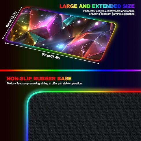 RGB Gaming Mouse Pad XXL, 35.4 x 15.7 Inch, Colorful Geometric LED Backlit Desk Mat, Customizable RGB Edge Lighting, Non-Slip Base for Gaming & Office Use in Saudi Arabia