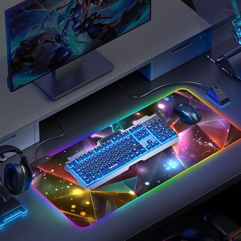 RGB Gaming Mouse Pad XXL, 35.4 x 15.7 Inch, Colorful Geometric LED Backlit Desk Mat, Customizable RGB Edge Lighting, Non-Slip Base for Gaming & Office Use in Saudi Arabia