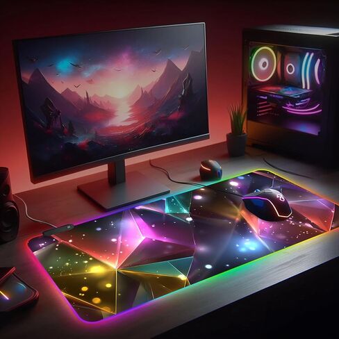 RGB Gaming Mouse Pad XXL, 35.4 x 15.7 Inch, Colorful Geometric LED Backlit Desk Mat, Customizable RGB Edge Lighting, Non-Slip Base for Gaming & Office Use in Saudi Arabia
