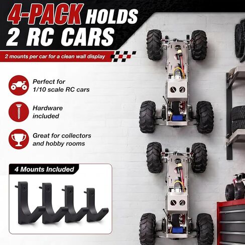 Novabright 4 Pcs Rc Car Wall Mount Storage, Display Hook Holder for 2 Pcs 1/10 Scale Cars Organize, Heavy Duty Vertical Rack, Easy Install Rc Organizer for Car Enthusiasts (Hardware Included) in Kuwait