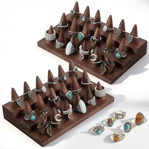 2 Pcs Wooden Ring Display Stand, 3-Tier Ring Organizer with 18 Fingers, Jewelry Showcase Holder for Storage & Selling, Compact Brown Desktop Rings Holder for Vendors & Home in Saudi Arabia