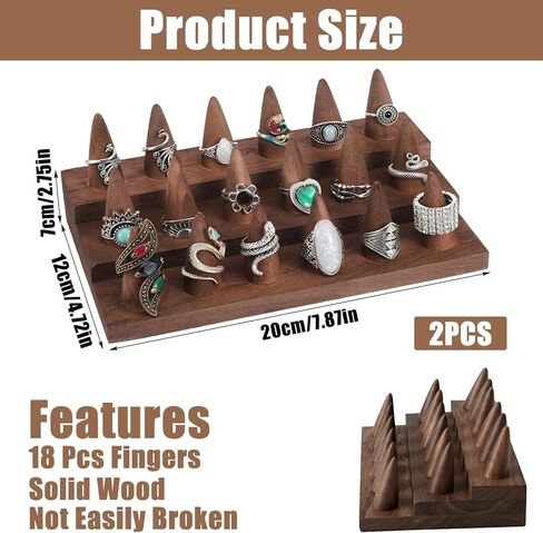 2 Pcs Wooden Ring Display Stand, 3-Tier Ring Organizer with 18 Fingers, Jewelry Showcase Holder for Storage & Selling, Compact Brown Desktop Rings Holder for Vendors & Home in Saudi Arabia
