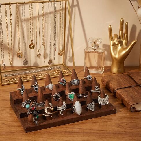 2 Pcs Wooden Ring Display Stand, 3-Tier Ring Organizer with 18 Fingers, Jewelry Showcase Holder for Storage & Selling, Compact Brown Desktop Rings Holder for Vendors & Home in Saudi Arabia