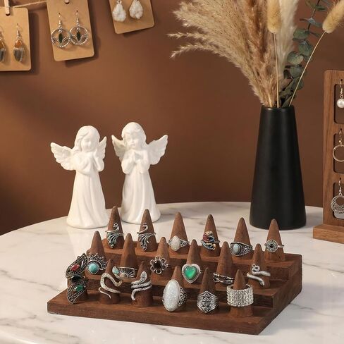 2 Pcs Wooden Ring Display Stand, 3-Tier Ring Organizer with 18 Fingers, Jewelry Showcase Holder for Storage & Selling, Compact Brown Desktop Rings Holder for Vendors & Home in Saudi Arabia