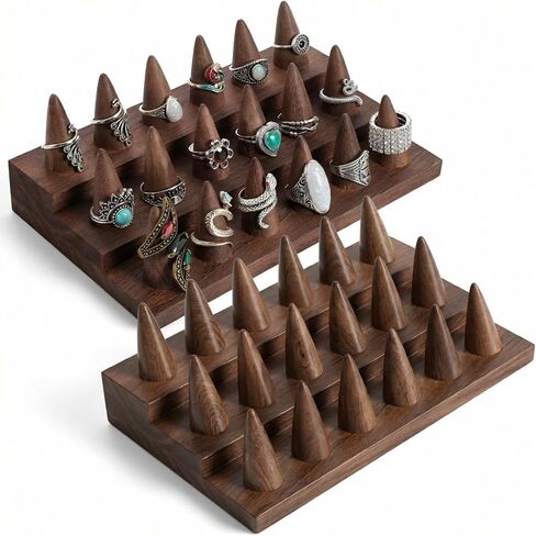2 Pcs Wooden Ring Display Stand, 3-Tier Ring Organizer with 18 Fingers, Jewelry Showcase Holder for Storage & Selling, Compact Brown Desktop Rings Holder for Vendors & Home in Saudi Arabia