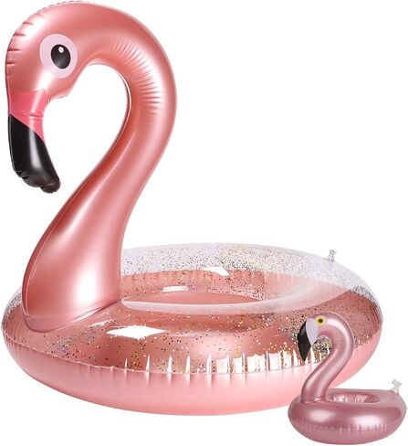 2Pack Summer Inflatable Flamingo Pool Float Drink Holder Set Elegant Vinyl Swimming Floaty Pool Toy with Glitters Outdoor Water Lounge Inflatable Raft with Floating Coasters for Adult Kid in Saudi Arabia