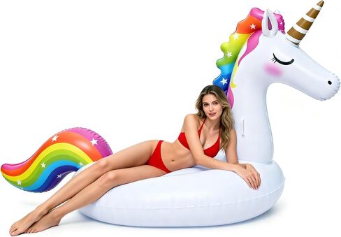 Giant Inflatable Unicorn Pool Float Floaties, Rainbow Mane Ride-On Swimming Pool Toy for Adults & Kids, Summer Fun Vacation Beach Lake Water Floaties Raft Lounger in Saudi Arabia