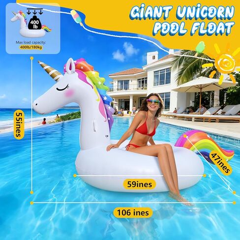 Giant Inflatable Unicorn Pool Float Floaties, Rainbow Mane Ride-On Swimming Pool Toy for Adults & Kids, Summer Fun Vacation Beach Lake Water Floaties Raft Lounger in Saudi Arabia