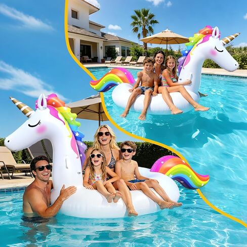 Giant Inflatable Unicorn Pool Float Floaties, Rainbow Mane Ride-On Swimming Pool Toy for Adults & Kids, Summer Fun Vacation Beach Lake Water Floaties Raft Lounger in Saudi Arabia
