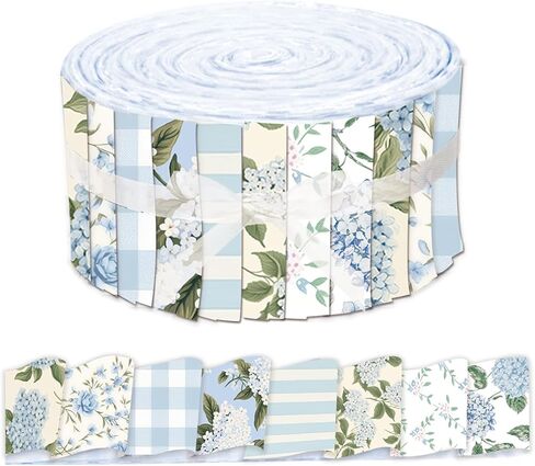 Whaline 40 Pcs Hydrangea Cotton Fabric Strips Spring Fabric Bundles Blue Flower Plaid Stripe Quilting Patchwork for DIY Sewing Craft Decor, 2.6 x 39.4 Inch in Kuwait
