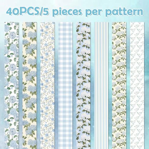 Whaline 40 Pcs Hydrangea Cotton Fabric Strips Spring Fabric Bundles Blue Flower Plaid Stripe Quilting Patchwork for DIY Sewing Craft Decor, 2.6 x 39.4 Inch in Kuwait
