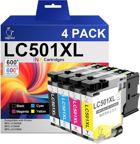 استبدال خراطيش الحبر LC501 لأحبار سلسلة Brother LC501XL LC501 المتوافقة مع طابعة Brother MFC-J1360DW MFC-J1410DW MFC-J1260W، LC5014PK عالية الإنتاجية (أسود، سماوي، أرجواني، أصفر) in Kuwait
