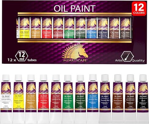 مجموعة طلاء زيتي من MyArtscape، 12 لونًا، أنابيب 12 × 0.4 أونصة سائلة (12 مل)، دهانات زيتية عالية الصبغة خفيفة الوزن وثقيلة الوزن، ألوان نابضة بالحياة لا تبهت، لوازم طلاء احترافية بجودة الفنان in Kuwait