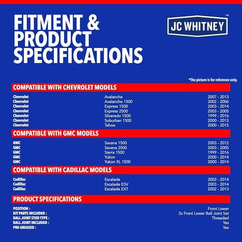 JC Whitney JFBAJCWCA00434 Set of 2 Ball Joint (Front Lower) - Compatible with Chevrolet Silverado 1500 99-16, Tahoe 00-15, Suburban 1500 00-13, Express 1500 03-14, GMC Sierra 1500 99-16 in Saudi Arabia
