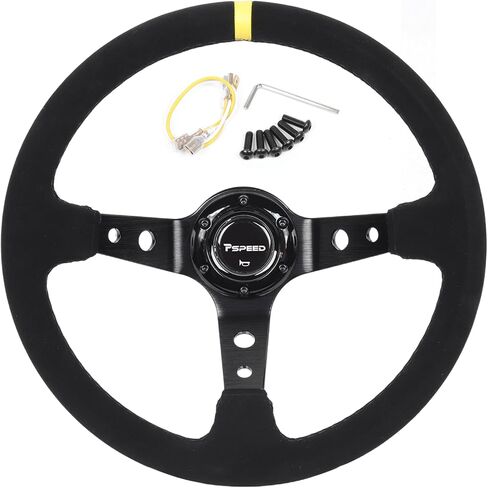 14"350mm Universal Racing Steering Wheel, Genuine leather suede,6 Bolts 3 Spoke,Drifting 97MM Deep Dish Sports Steering Wheel with Horn Button for Raing,Cars,Golf Carts,Go Karts in Saudi Arabia