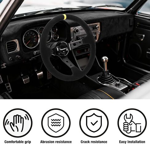 14"350mm Universal Racing Steering Wheel, Genuine leather suede,6 Bolts 3 Spoke,Drifting 97MM Deep Dish Sports Steering Wheel with Horn Button for Raing,Cars,Golf Carts,Go Karts in Saudi Arabia