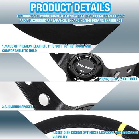 14"350mm Universal Racing Steering Wheel, Genuine leather suede,6 Bolts 3 Spoke,Drifting 97MM Deep Dish Sports Steering Wheel with Horn Button for Raing,Cars,Golf Carts,Go Karts in Saudi Arabia