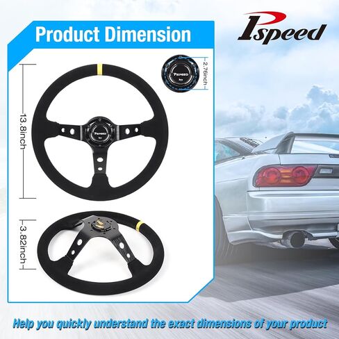 14"350mm Universal Racing Steering Wheel, Genuine leather suede,6 Bolts 3 Spoke,Drifting 97MM Deep Dish Sports Steering Wheel with Horn Button for Raing,Cars,Golf Carts,Go Karts in Saudi Arabia