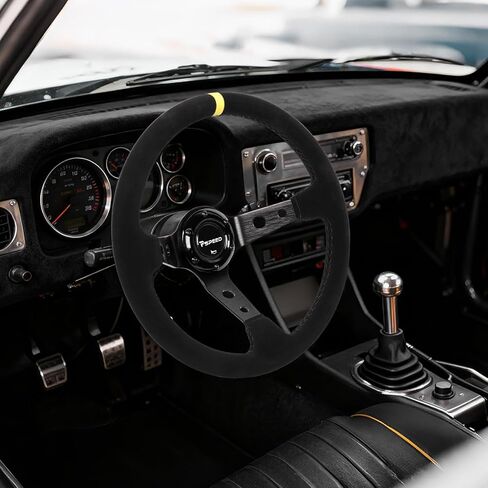 14"350mm Universal Racing Steering Wheel, Genuine leather suede,6 Bolts 3 Spoke,Drifting 97MM Deep Dish Sports Steering Wheel with Horn Button for Raing,Cars,Golf Carts,Go Karts in Saudi Arabia