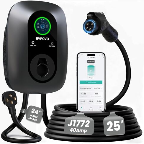 شاحن EV المستوى 2 40 أمبير 240 فولت NEMA 14-50 - J1772 محطة شحن المركبات الكهربائية الذكية، NEMA Type 4 مقاوم للماء، كابل 25 قدم، التحكم في تطبيق WiFi، حامل حائط خارجي EVSE، ETL وFCC معتمد in Kuwait
