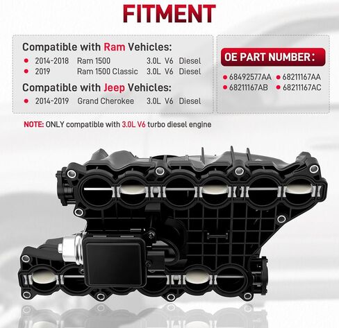 68492577AA Engine Intake Manifold with Gasket and Control Actuator Compatible with 2014-2018 Ram 1500 2014-2019 Jeep Grand Cherokee 3.0L V6 turbo diesel engine Replace#68211167AA 68211167AB 68211167AC in Kuwait
