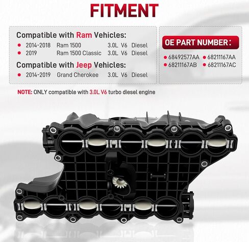 68492577AA مشعب سحب المحرك مع حشية ومستشعر متوافق مع 2014-2018 Ram 1500 2014-2019 Jeep Grand Cherokee 3.0L V6 محرك ديزل تيربو استبدال #68211167AA 68211167AB 68211167AC in Kuwait