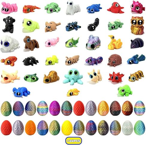 24 PCS 3D Printed Mini Animal with Easter Egg Set, Cute Animal Flexible Articulated for Easter egg hunts,Party Favors,Kids, Students,Carnival events(Random Animals and Colour) in Kuwait