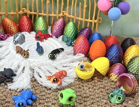 24 PCS 3D Printed Mini Animal with Easter Egg Set, Cute Animal Flexible Articulated for Easter egg hunts,Party Favors,Kids, Students,Carnival events(Random Animals and Colour) in Kuwait