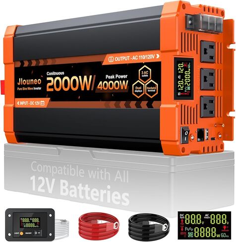 2000W Pure Sine Wave Inverter, 12V DC to 120V AC Power Inverter, 4000W Peak for RV, Truck, Solar, Camping, Home Backup Use, with 3 AC Outlets, Remote Control, Dual LCD Display, Hardwire Port in Kuwait