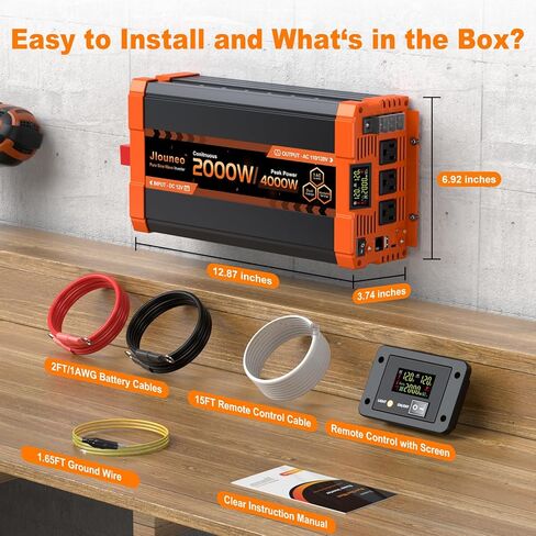 2000W Pure Sine Wave Inverter, 12V DC to 120V AC Power Inverter, 4000W Peak for RV, Truck, Solar, Camping, Home Backup Use, with 3 AC Outlets, Remote Control, Dual LCD Display, Hardwire Port in Kuwait