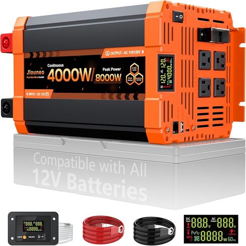 2000W Pure Sine Wave Inverter, 12V DC to 120V AC Power Inverter, 4000W Peak for RV, Truck, Solar, Camping, Home Backup Use, with 3 AC Outlets, Remote Control, Dual LCD Display, Hardwire Port in Kuwait