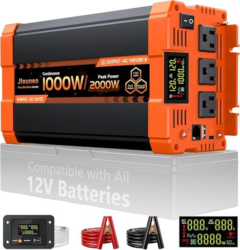 2000W Pure Sine Wave Inverter, 12V DC to 120V AC Power Inverter, 4000W Peak for RV, Truck, Solar, Camping, Home Backup Use, with 3 AC Outlets, Remote Control, Dual LCD Display, Hardwire Port in Kuwait