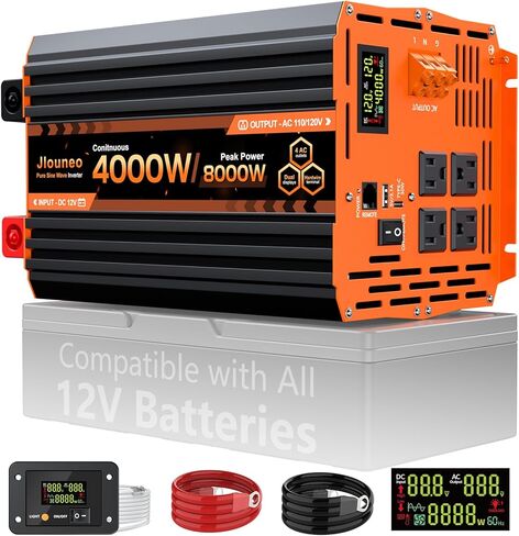 2000W Pure Sine Wave Inverter, 12V DC to 120V AC Power Inverter, 4000W Peak for RV, Truck, Solar, Camping, Home Backup Use, with 3 AC Outlets, Remote Control, Dual LCD Display, Hardwire Port in Kuwait