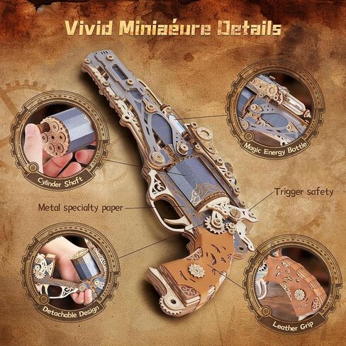 FUNPOLA 3D Wooden Puzzle Steam Revolver Model – Steampunk Mechanical Revolver DIY Assembly Kit, Unique Creative Gift for Adults and Teens in Saudi Arabia