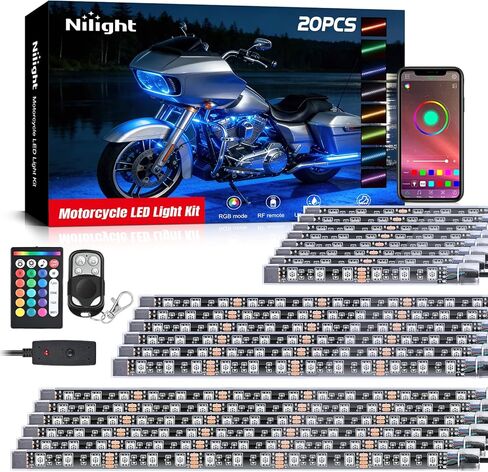 Nilight 20PCS Motorcycle RGB LED Light Kit Waterproof Multi Color Atmosphere Neon Accent Lights Lamp APP and Remote Control Underbody Strips for Harley Davidson Honda Kawasaki Yamaha Suzuki in Kuwait