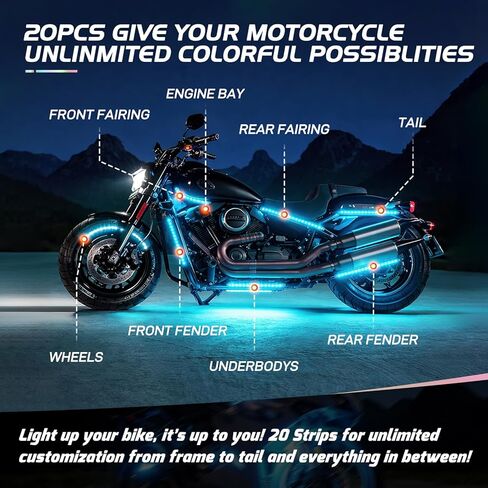 Nilight 20PCS Motorcycle RGB LED Light Kit Waterproof Multi Color Atmosphere Neon Accent Lights Lamp APP and Remote Control Underbody Strips for Harley Davidson Honda Kawasaki Yamaha Suzuki in Kuwait