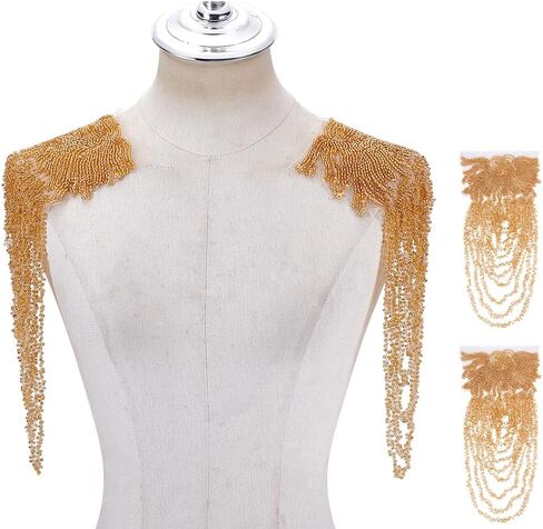 2Pcs Handmade Rhinestone Applique for Shoulder Fringe Shoulder Applique Beaded Tassel Trim Embellishment Sew on Costume Accessories for Dresses Formal Wear Clothes Decor Goldenrod in Kuwait