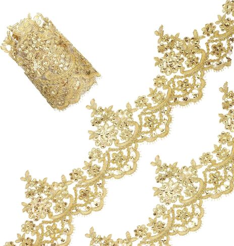 3 Yards Gold Lace Trim, Sequin Flower Embroidery Lace Ribbon for Sewing Gold Appliques Embellishments Metallic Ribbon Embroidery Edge Trimming for Dresses Gowns Wedding DIY Decor, 5.31in Width in Kuwait