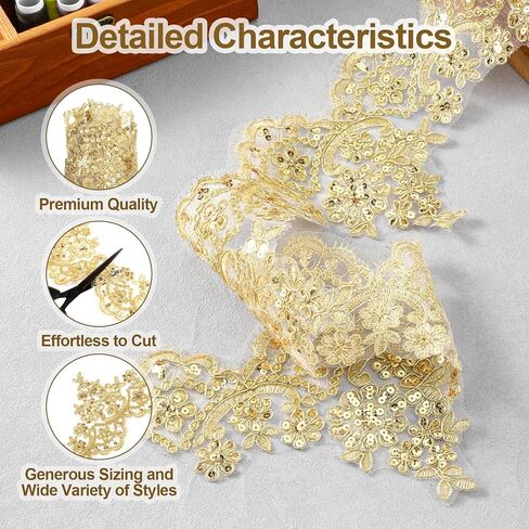 3 Yards Gold Lace Trim, Sequin Flower Embroidery Lace Ribbon for Sewing Gold Appliques Embellishments Metallic Ribbon Embroidery Edge Trimming for Dresses Gowns Wedding DIY Decor, 5.31in Width in Kuwait