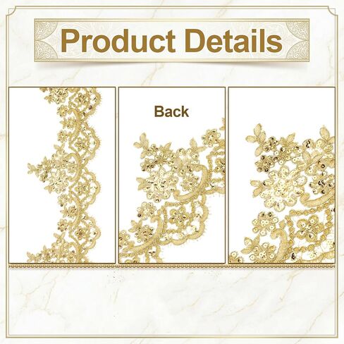 3 Yards Gold Lace Trim, Sequin Flower Embroidery Lace Ribbon for Sewing Gold Appliques Embellishments Metallic Ribbon Embroidery Edge Trimming for Dresses Gowns Wedding DIY Decor, 5.31in Width in Kuwait