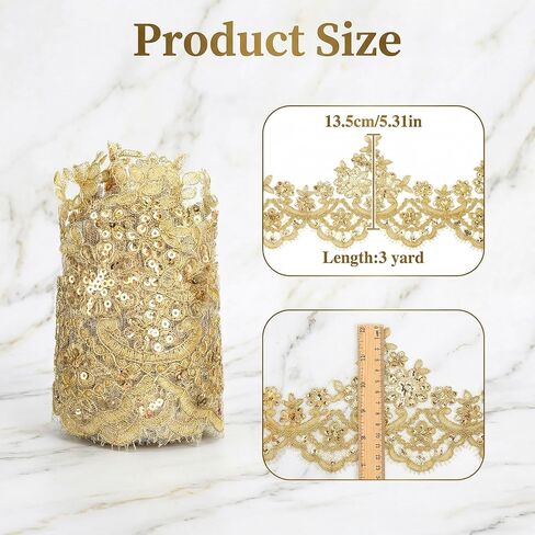 3 Yards Gold Lace Trim, Sequin Flower Embroidery Lace Ribbon for Sewing Gold Appliques Embellishments Metallic Ribbon Embroidery Edge Trimming for Dresses Gowns Wedding DIY Decor, 5.31in Width in Kuwait