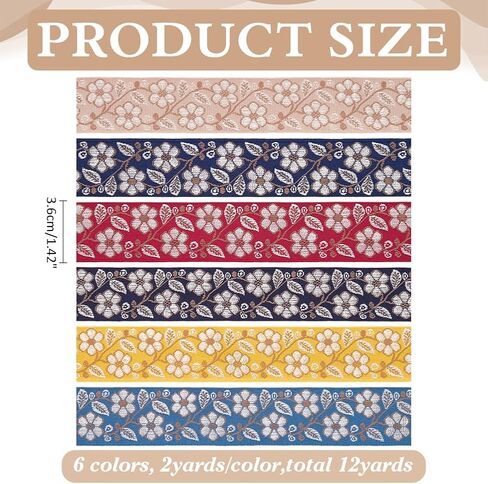 12 Yards Jacquard Ribbon Trim 1-3/8 Inch Flower Embroidery Woven Ribbon Trim 6 Colors Floral Embroidered Fabric Trims for DIY Sewing Craft Embellishments Clothes Home Decor Gift Wrapping in Kuwait