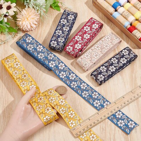 12 Yards Jacquard Ribbon Trim 1-3/8 Inch Flower Embroidery Woven Ribbon Trim 6 Colors Floral Embroidered Fabric Trims for DIY Sewing Craft Embellishments Clothes Home Decor Gift Wrapping in Kuwait