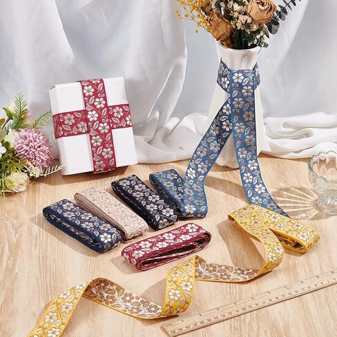 12 Yards Jacquard Ribbon Trim 1-3/8 Inch Flower Embroidery Woven Ribbon Trim 6 Colors Floral Embroidered Fabric Trims for DIY Sewing Craft Embellishments Clothes Home Decor Gift Wrapping in Kuwait