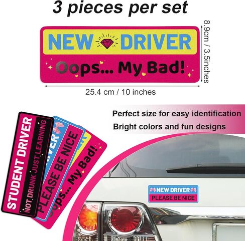 3pcs New Driver Magnet for Car, 10x3.5 Inch Funny Student Driver Magnet Sticker Reflective Magnetic Bumper Stickers Waterproof Removable Novice Safety Sign in Kuwait