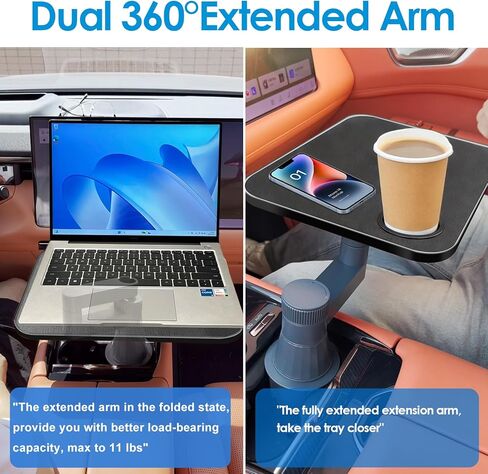 صينية سيارة ومكتب سيارة للكمبيوتر المحمول، دوران مزدوج 360 درجة، سطح جلدي مضاد للانزلاق، صينية طعام، طاولة حامل أكواب متوافقة مع طراز تيسلا Y/3/S، فورد F150/إكسبلورر/مافريك/مقاعد المسرح المنزلي (أسود) in Kuwait