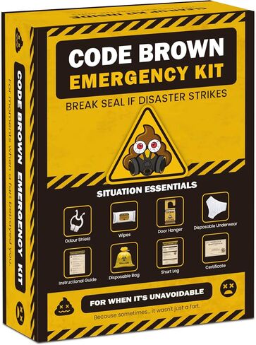 Code Brown Emergency Kit – Funny Gag Gift – UK Made Novelty Survival Kit with Wipes, Disposable Underwear, Door Hanger & More – Birthday Gift for Him, Her, Friends in Kuwait