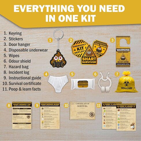 Code Brown Emergency Kit – Funny Gag Gift – UK Made Novelty Survival Kit with Wipes, Disposable Underwear, Door Hanger & More – Birthday Gift for Him, Her, Friends in Kuwait