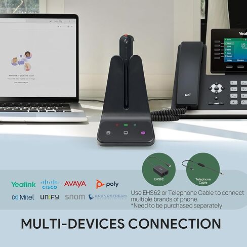 Yealink Wireless DECT Headset WH63 E2, Teams Certified, Single Ear (Mono) Convertible Headset, Connects to Desk Phone & Computer, Noise Canceling Microphone, 3 Wearing Styles in Kuwait