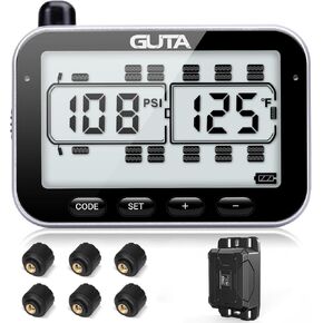 نظام مراقبة ضغط الإطارات GUTA RV، RV TPMS، 6 أجهزة استشعار، 7 أوضاع إنذار، عمر البطارية 14 يومًا، مسافة استشعار 80 قدمًا، شاشة كبيرة، لعربة سكن متنقلة، مقطورة، مدرب، منزل متنقل، عجلة خامسة، (0-188 رطل لكل بوصة مربعة) in Kuwait